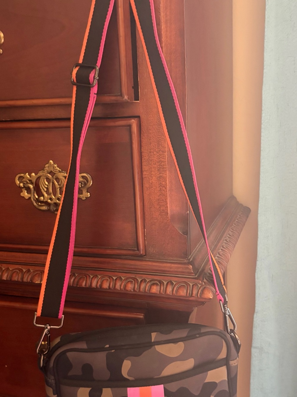 Camouflage Crossbody Bag with Neon Stripe and Adjustable Strap